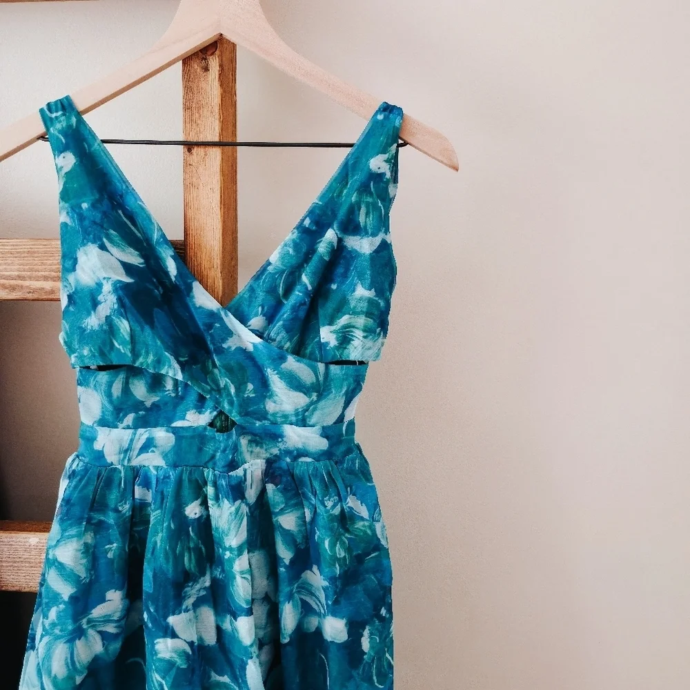 NWT Lulus Flowering Day Dream Teal Blue Floral Organza Midi Dress – Size S - Picture 2 of 15